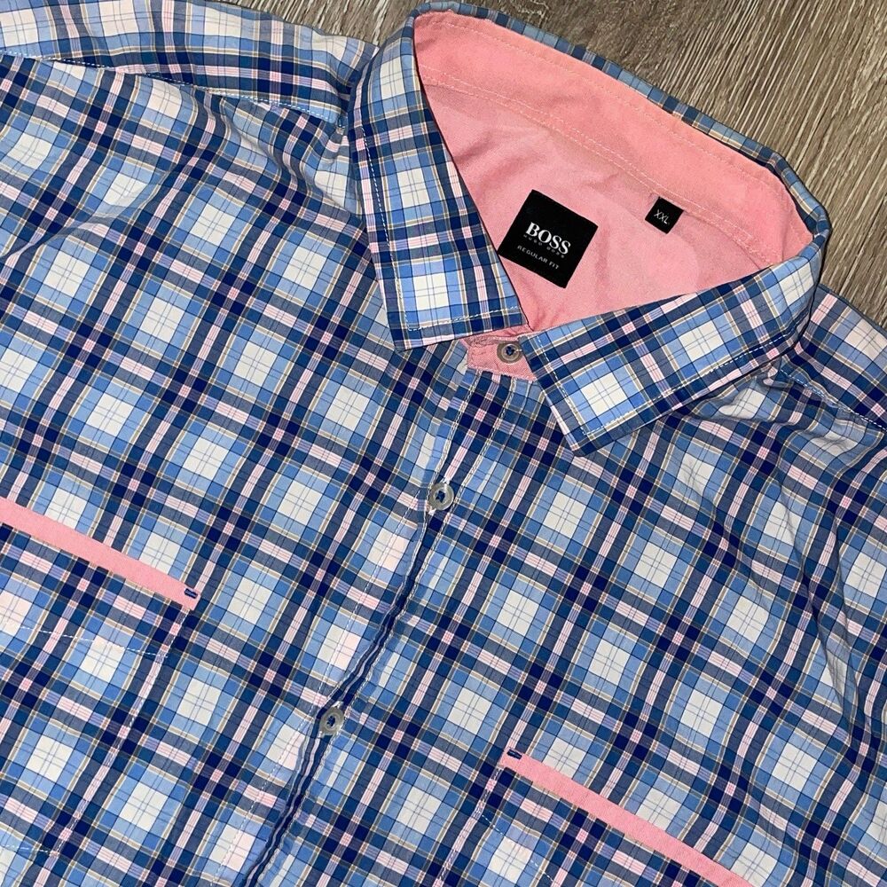Boss Hugo Boss Casual Preppy Shirt Men Large Pink Blue Button Short Sleeve